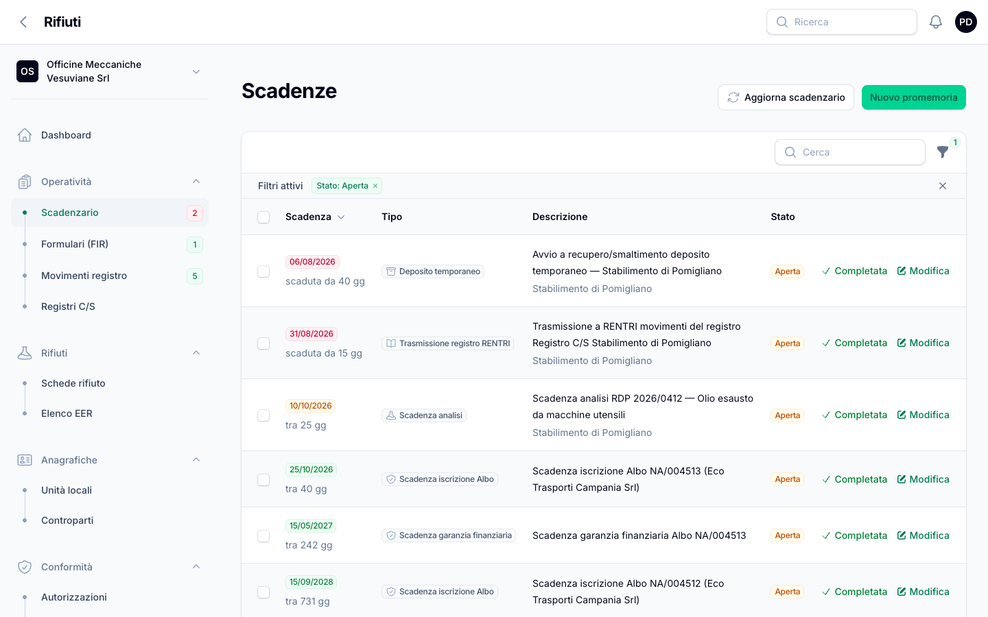 Schermata del gestionale: deposito