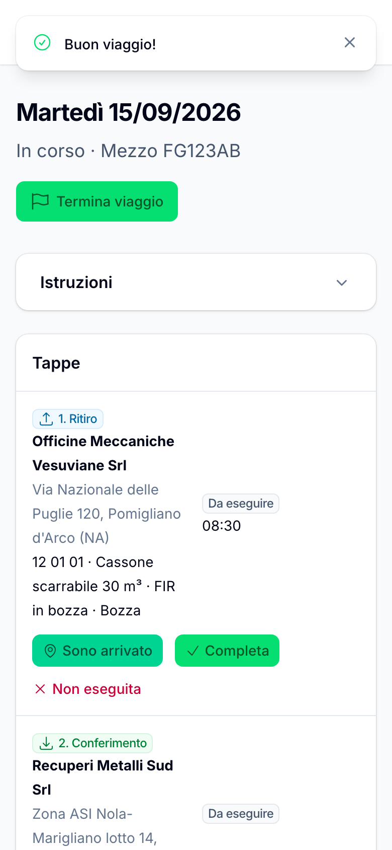 App autisti: tappe del viaggio con firma del formulario