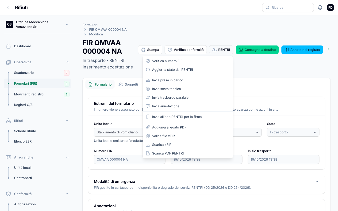 Schermata del gestionale: formulario