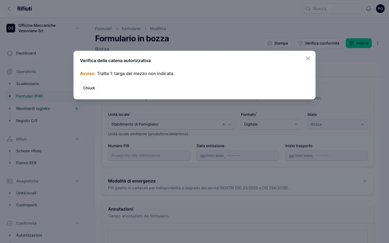 Verifica della catena autorizzativa su un FIR in bozza, con l'avviso sulla targa del mezzo non indicata