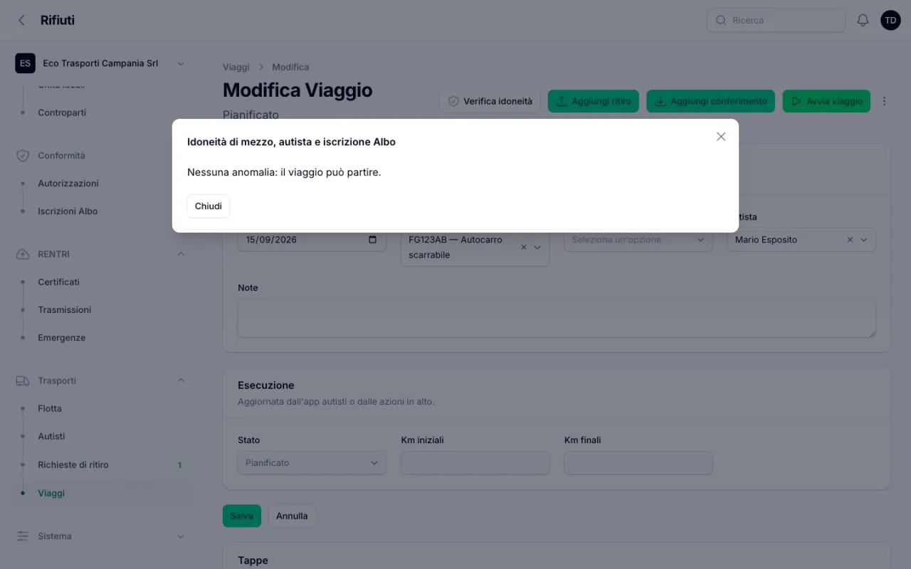 Verifica di idoneità del viaggio su mezzo, autista e iscrizione Albo senza anomalie